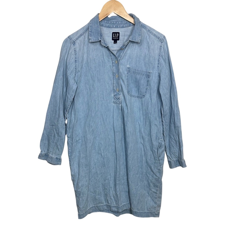 GAP Women's Soft Denim Popover Long Sleeve Shirt Dress size Medium Light Blue